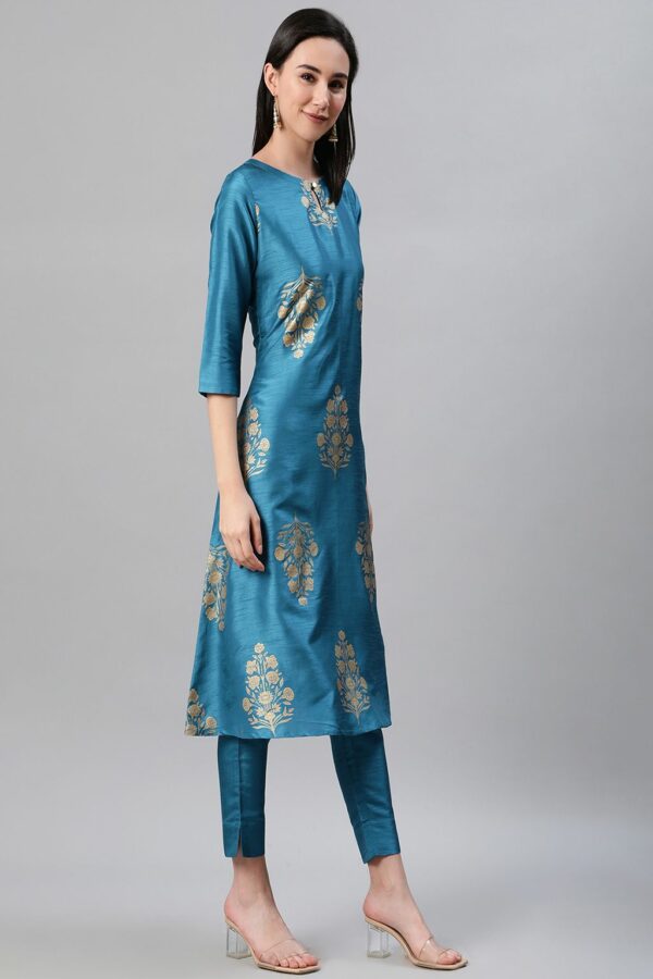 Blue Color Foil Print Flared Kurta,Pant And Dupatta Set - Image 2