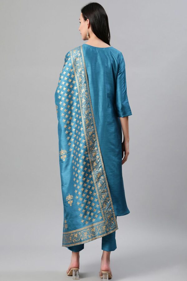 Blue Color Foil Print Flared Kurta,Pant And Dupatta Set - Image 3