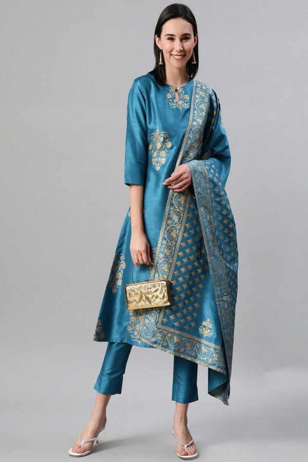 Blue Color Foil Print Flared Kurta,Pant And Dupatta Set - Image 5