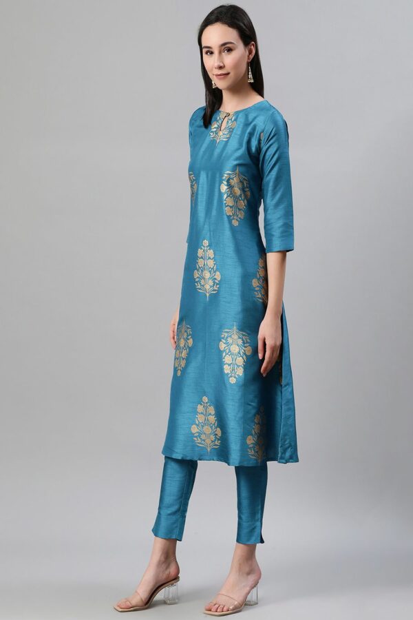 Blue Color Foil Print Flared Kurta,Pant And Dupatta Set - Image 8