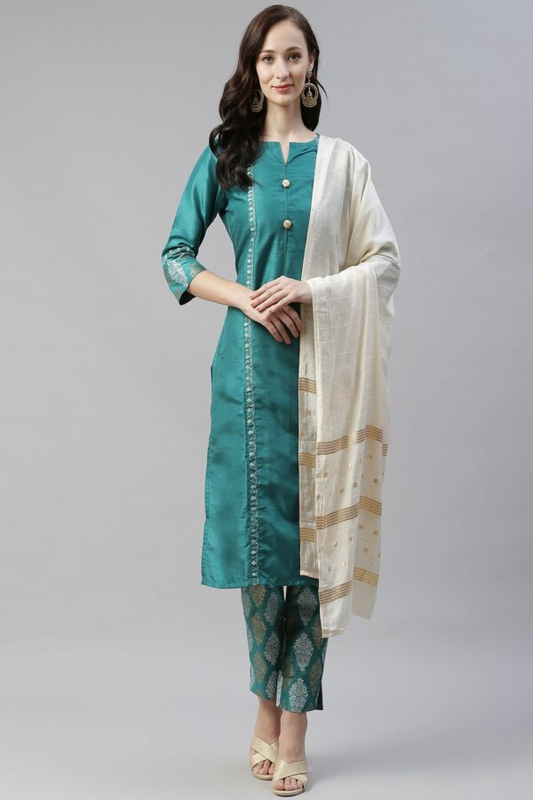 Green Color Dyed Straight Kurta,Pant And Dupatta Set