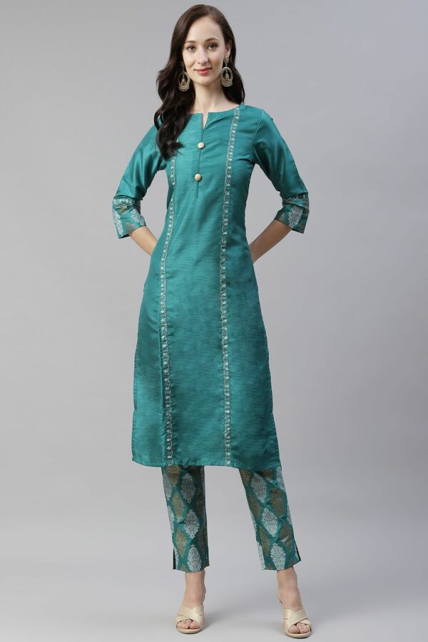 Green Color Dyed Straight Kurta,Pant And Dupatta Set - Image 2