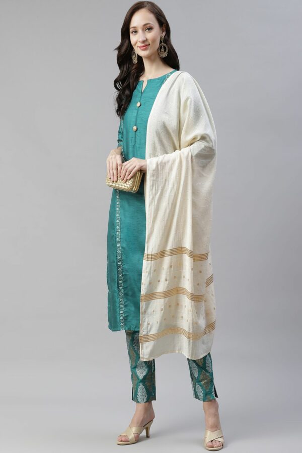 Green Color Dyed Straight Kurta,Pant And Dupatta Set - Image 5