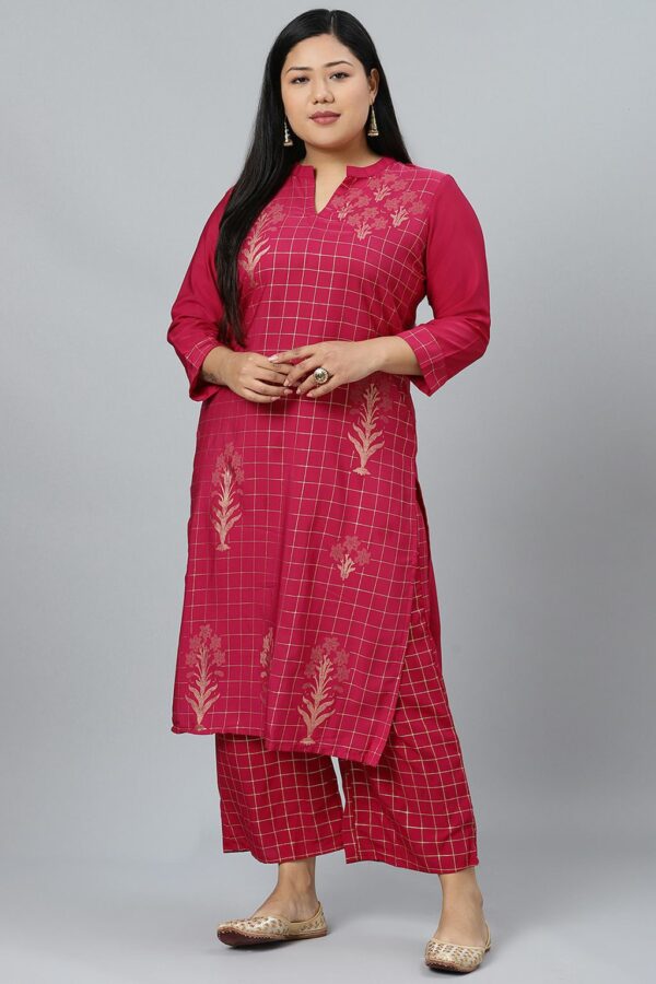 Maroon color Straight Foil Print Kurta Palazzo set