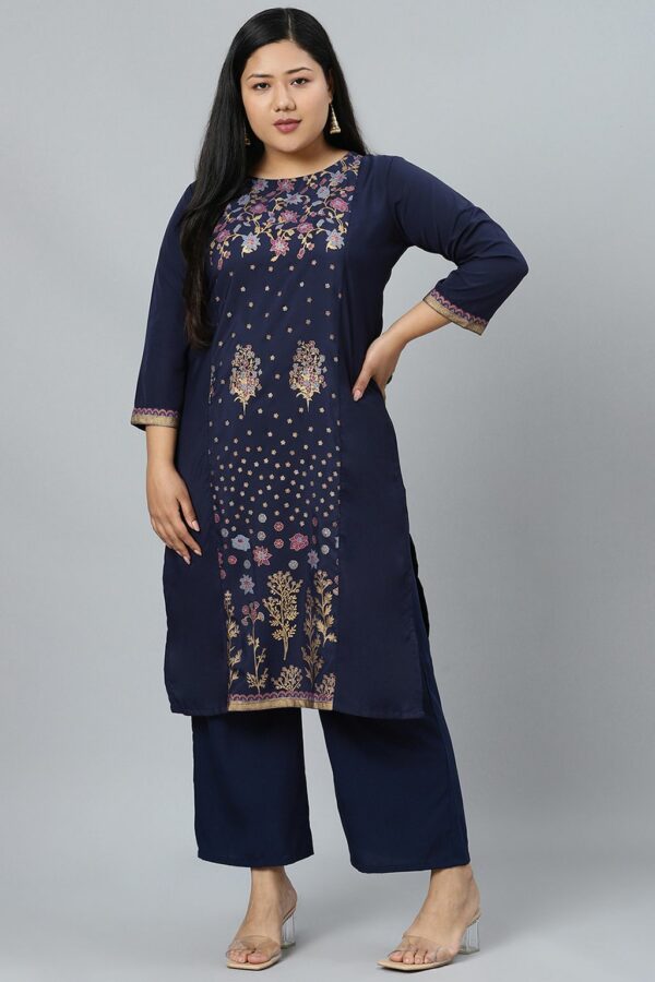 Navy Blue Colour Foil Print Straight Crepe Kurta With Palazzo