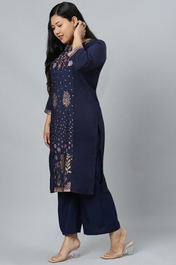 Navy Blue Colour Foil Print Straight Crepe Kurta With Palazzo - Image 2