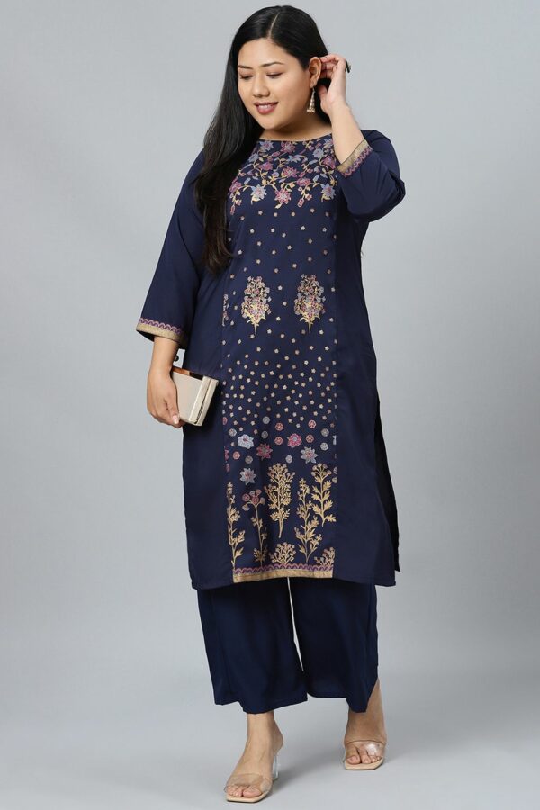 Navy Blue Colour Foil Print Straight Crepe Kurta With Palazzo - Image 5