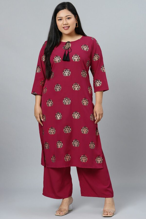 Dark Pink Colour Foil Print Straight Crepe Kurta With Palazzo