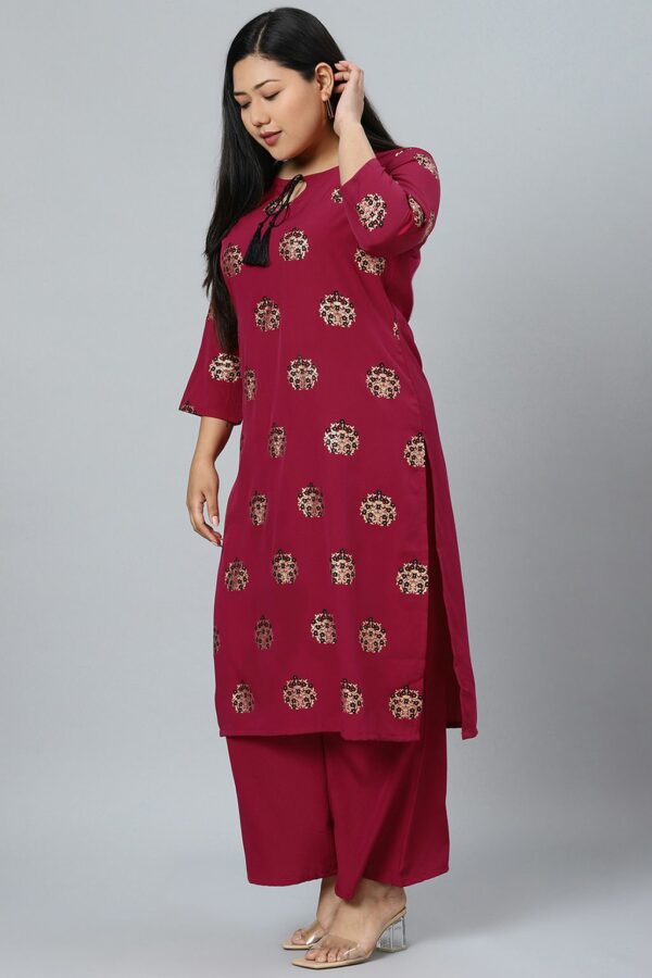 Dark Pink Colour Foil Print Straight Crepe Kurta With Palazzo - Image 2