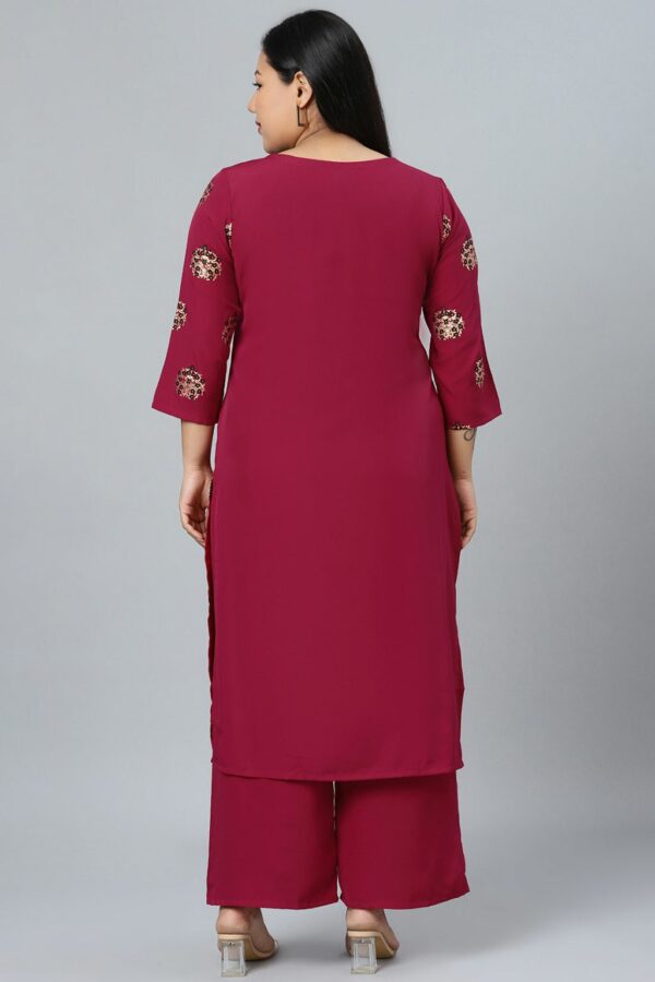 Dark Pink Colour Foil Print Straight Crepe Kurta With Palazzo - Image 3