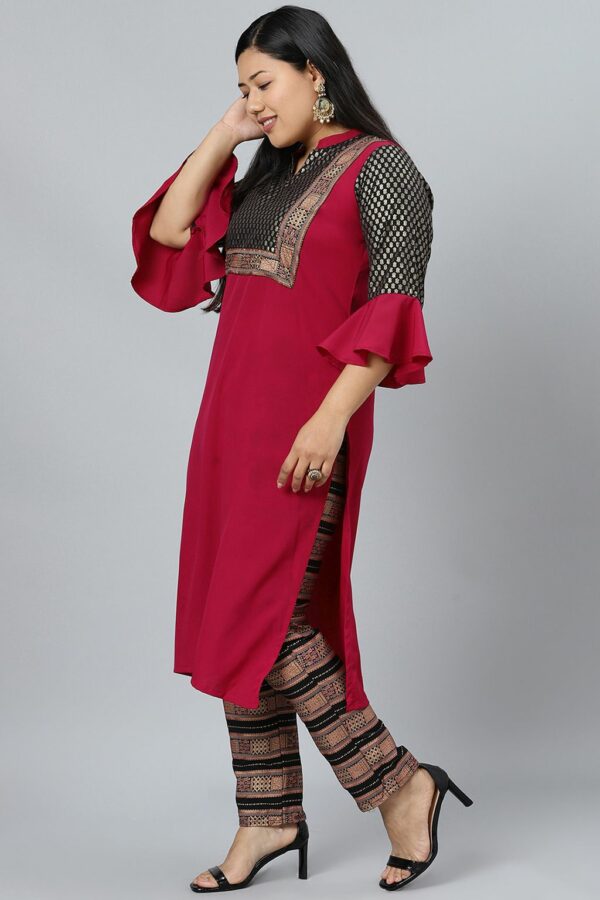 Dark Pink Colour Foil Print Straight Crepe Kurta With Pant - Image 2