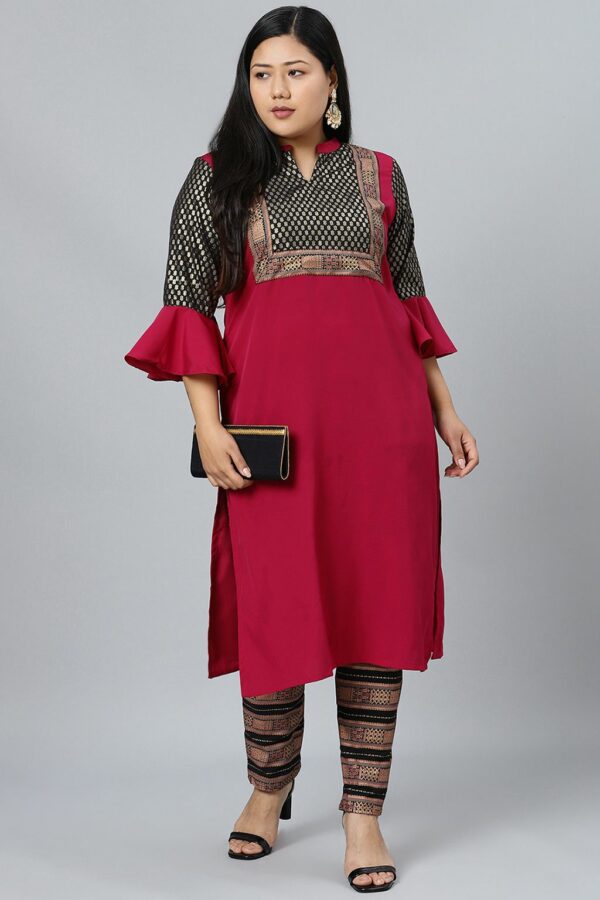 Dark Pink Colour Foil Print Straight Crepe Kurta With Pant - Image 5