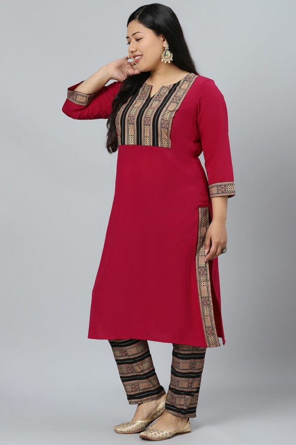 Dark Pink Colour Foil Print Straight Crepe Kurta With Pant - Image 2