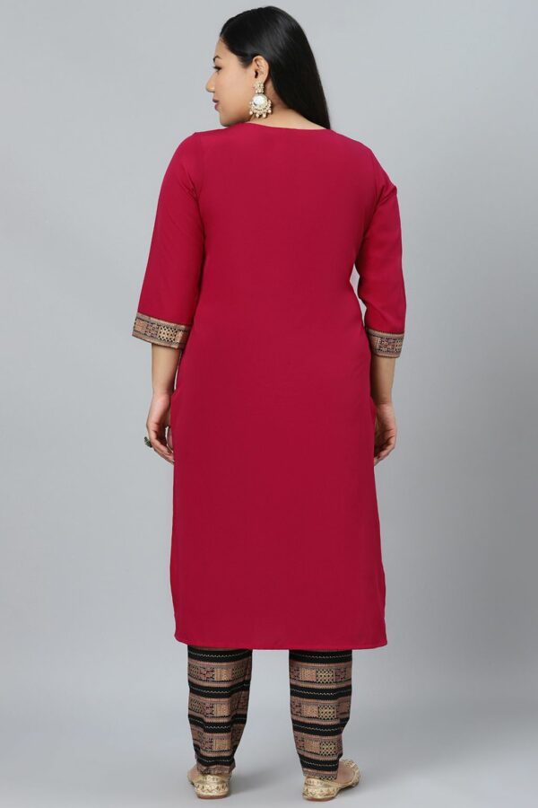 Dark Pink Colour Foil Print Straight Crepe Kurta With Pant - Image 3