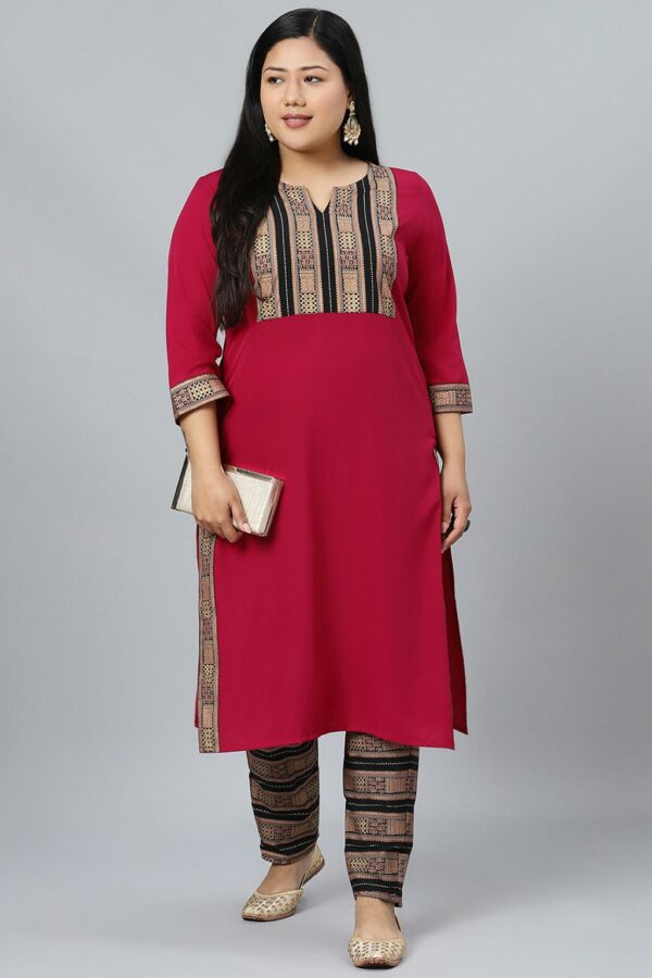 Dark Pink Colour Foil Print Straight Crepe Kurta With Pant - Image 5