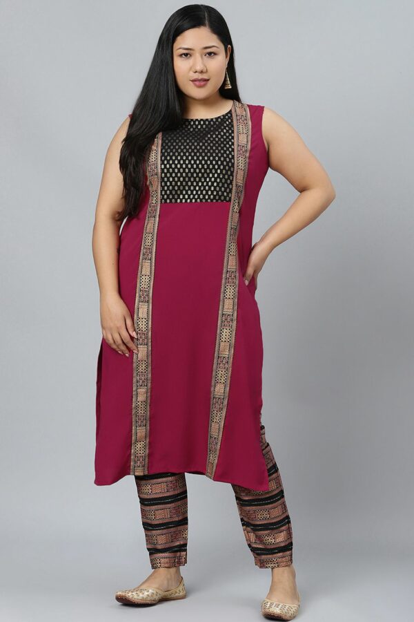 Dark Pink Colour Foil Print Straight Crepe Kurta With Pant