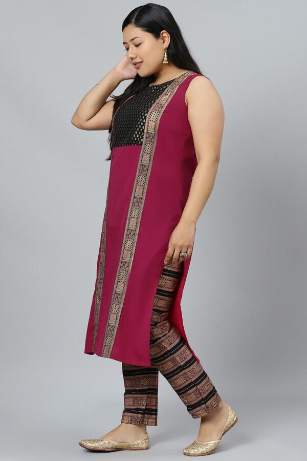 Dark Pink Colour Foil Print Straight Crepe Kurta With Pant - Image 2