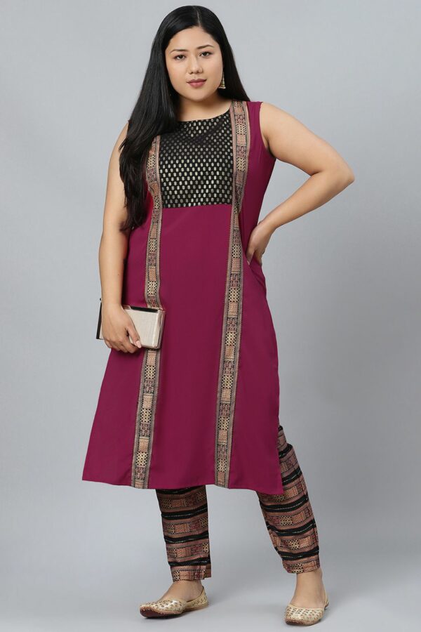 Dark Pink Colour Foil Print Straight Crepe Kurta With Pant - Image 5