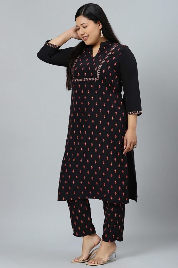 Black Crepe Foil Printed Straight Kurta With Pant Set - Image 2