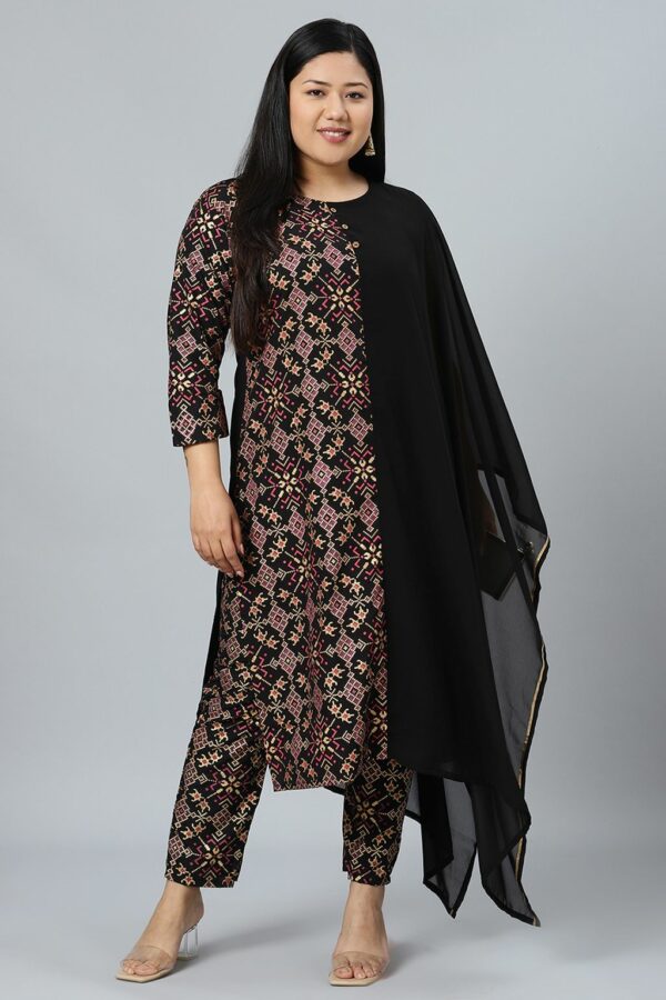 Black Georgette Foil Printed Straight Kurta With Pant Set