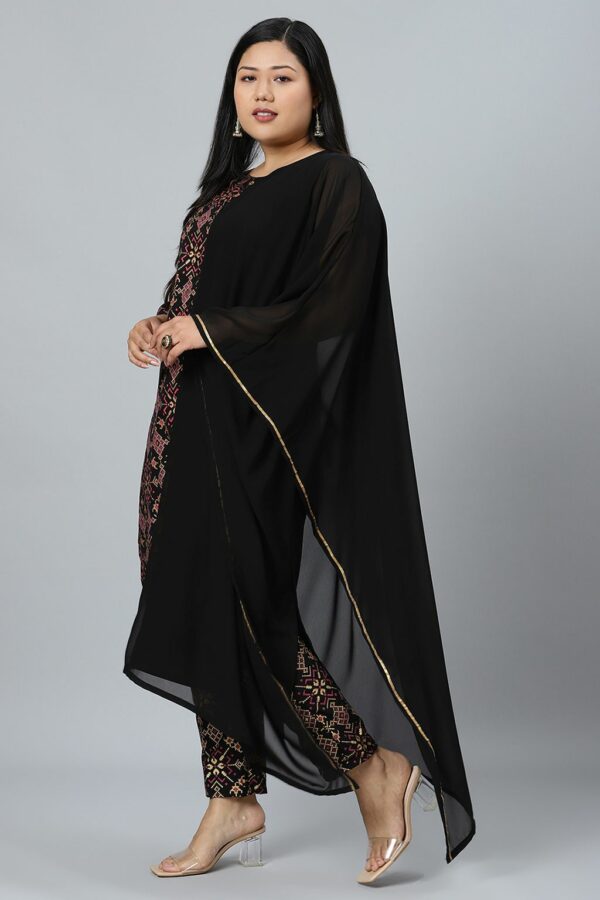 Black Georgette Foil Printed Straight Kurta With Pant Set - Image 2