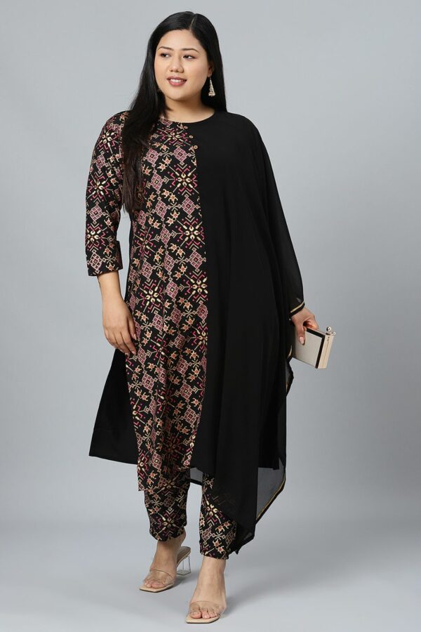 Black Georgette Foil Printed Straight Kurta With Pant Set - Image 5