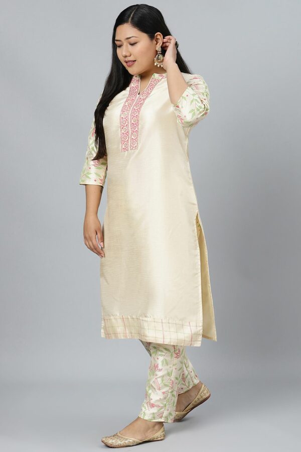 Cream Colour Solid Straight Polysilk Kurta With Pant - Image 2