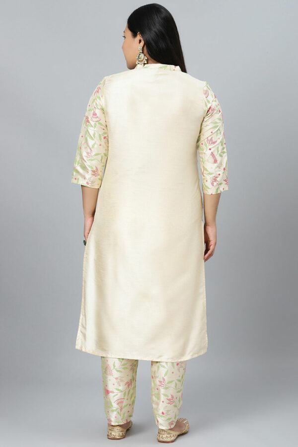 Cream Colour Solid Straight Polysilk Kurta With Pant - Image 3