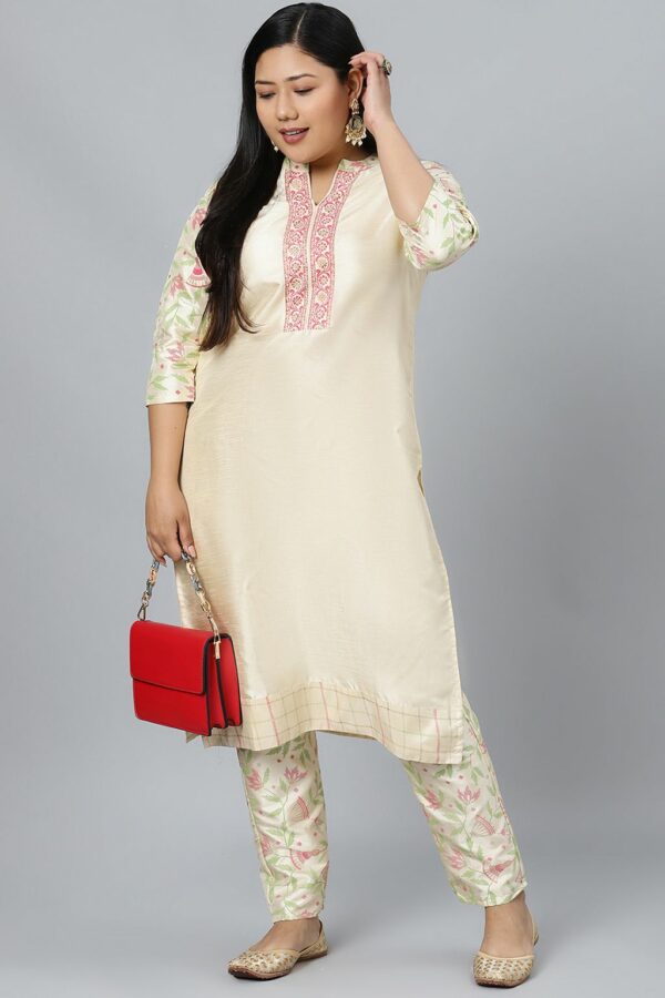 Cream Colour Solid Straight Polysilk Kurta With Pant - Image 4