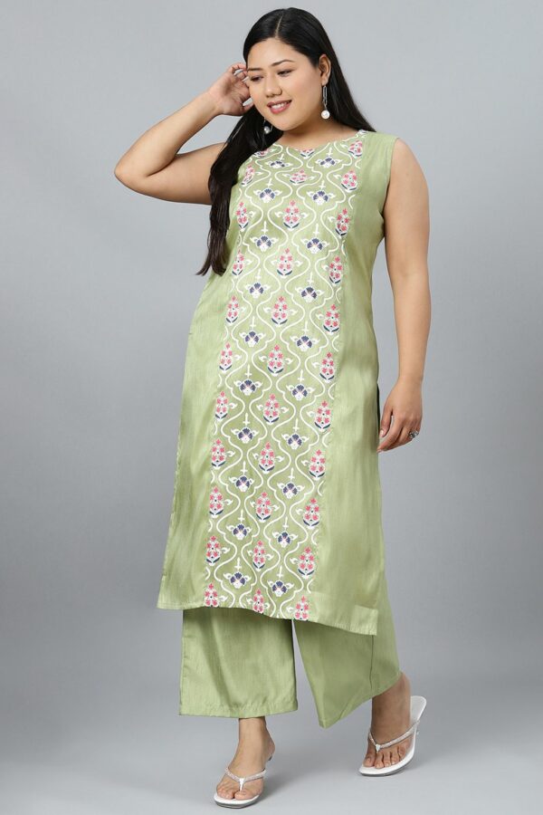 Green Colour Khadi Print Straight Polysilk Kurta With Palazzo