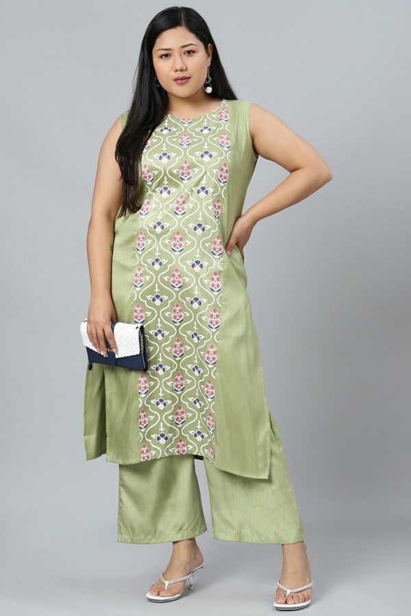 Green Colour Khadi Print Straight Polysilk Kurta With Palazzo - Image 5