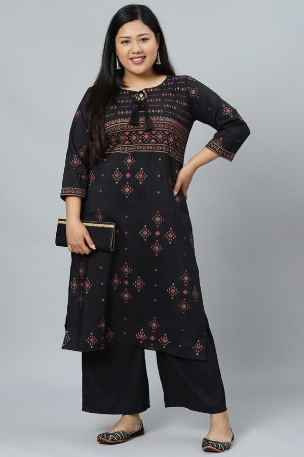 Black Colour Gold Print Straight Polysilk Kurta With Palazzo - Image 5