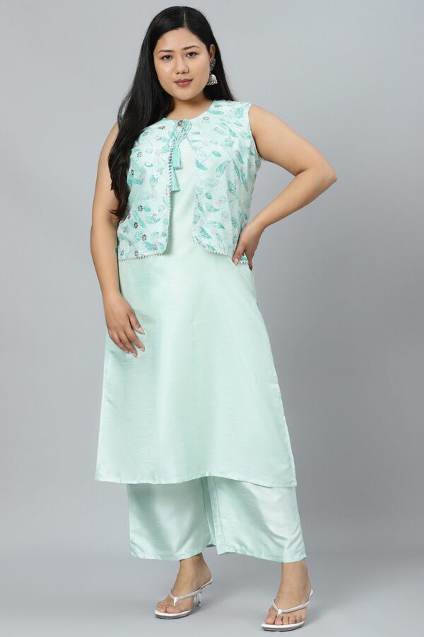 Mint Green Poly Silk Khadi Straight Kurta With Palazzo Set