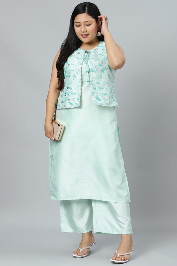 Mint Green Poly Silk Khadi Straight Kurta With Palazzo Set - Image 5