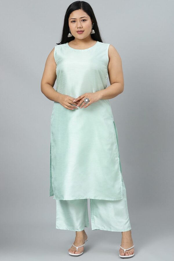 Mint Green Poly Silk Khadi Straight Kurta With Palazzo Set - Image 7