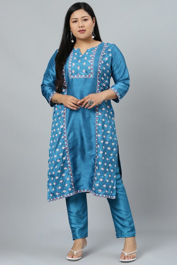 Peacock Blue Poly Silk Khadi Straight Kurta With Pant Set