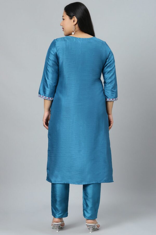 Peacock Blue Poly Silk Khadi Straight Kurta With Pant Set - Image 3