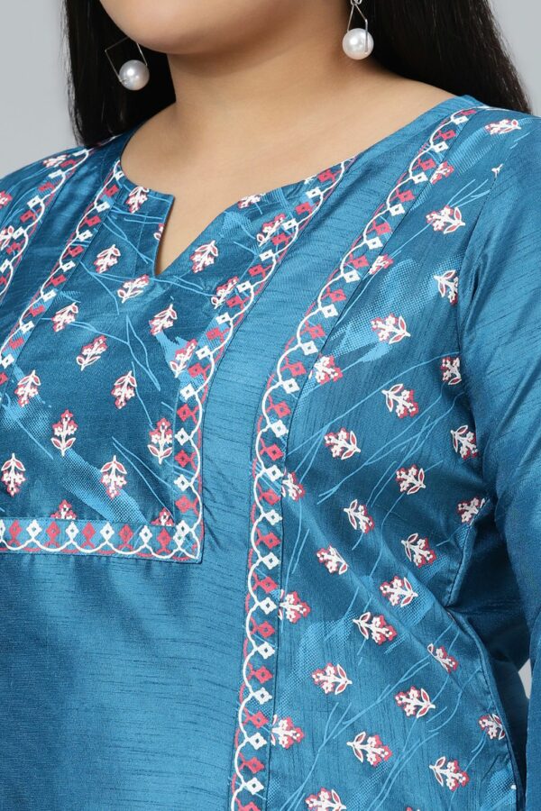 Peacock Blue Poly Silk Khadi Straight Kurta With Pant Set - Image 4