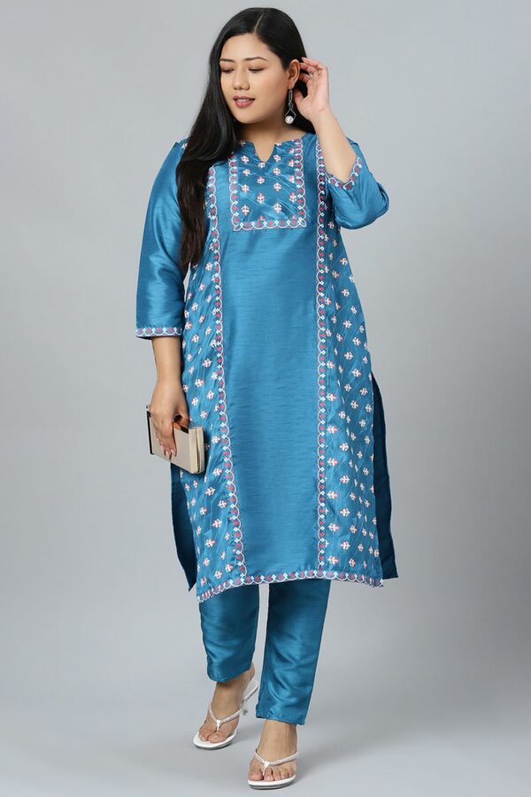 Peacock Blue Poly Silk Khadi Straight Kurta With Pant Set - Image 5