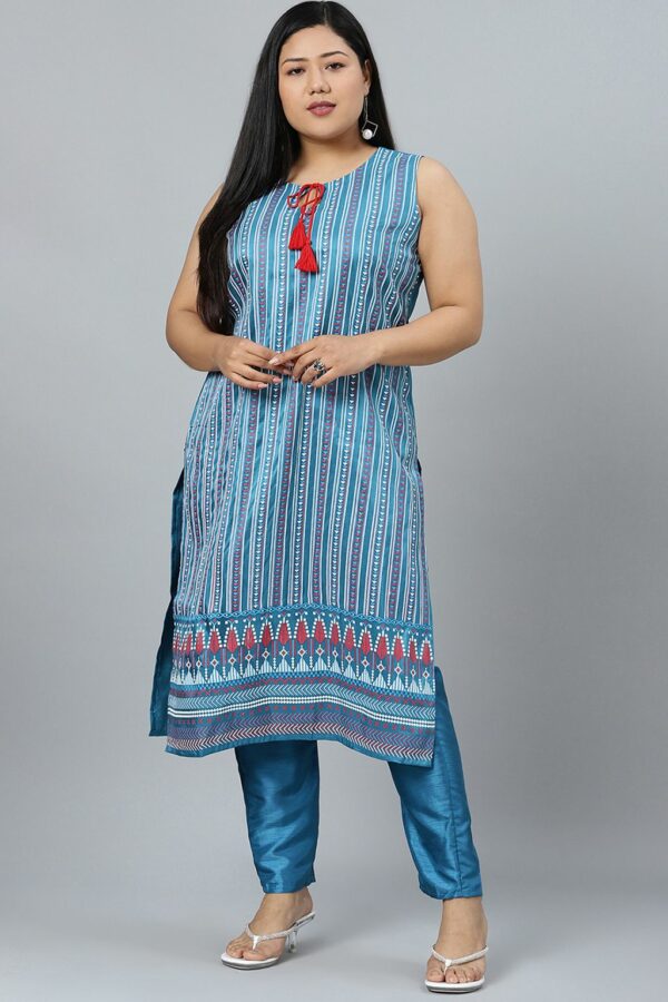 Peacock Blue Poly Silk Khadi Straight Kurta With Pant Set