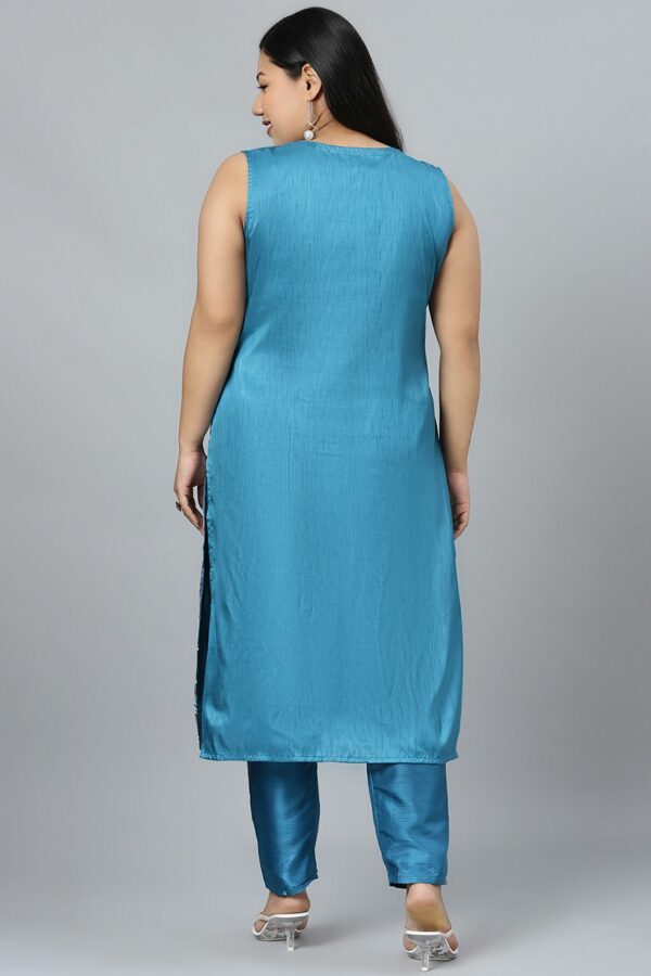 Peacock Blue Poly Silk Khadi Straight Kurta With Pant Set - Image 3