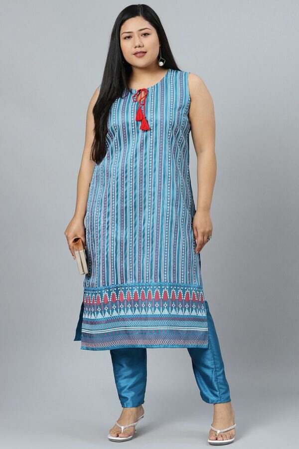 Peacock Blue Poly Silk Khadi Straight Kurta With Pant Set - Image 5