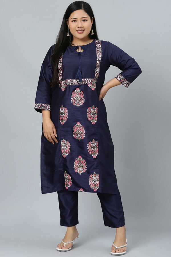 Navy Blue Poly Silk Foil Printed Straight Kurta With Pant Set