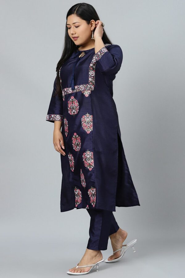 Navy Blue Poly Silk Foil Printed Straight Kurta With Pant Set - Image 2