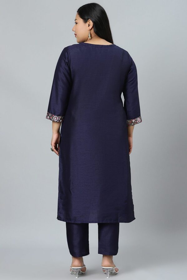 Navy Blue Poly Silk Foil Printed Straight Kurta With Pant Set - Image 3