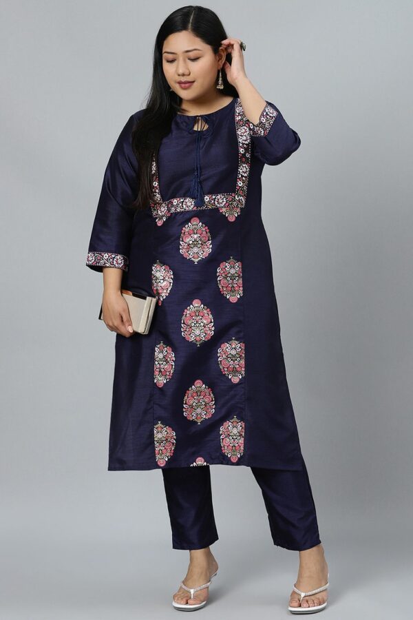 Navy Blue Poly Silk Foil Printed Straight Kurta With Pant Set - Image 5