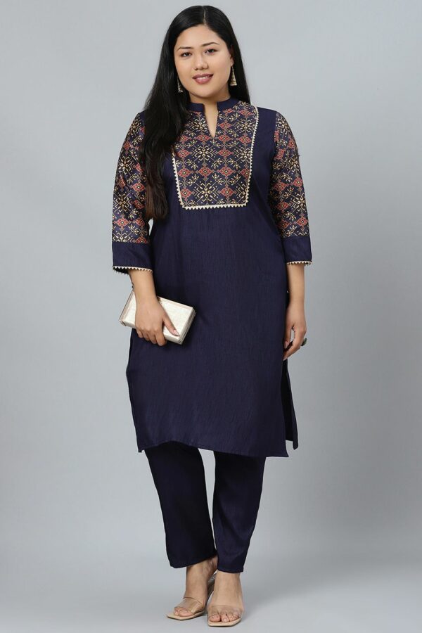 Navy Blue Poly Silk Screen Printed Straight Kurta With Pant Set - Image 5