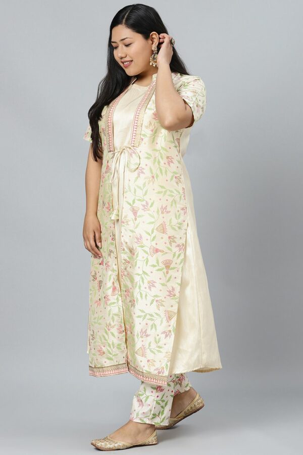 Cream Poly Silk Foil Printed A-Line Kurta With Pant Set - Image 2