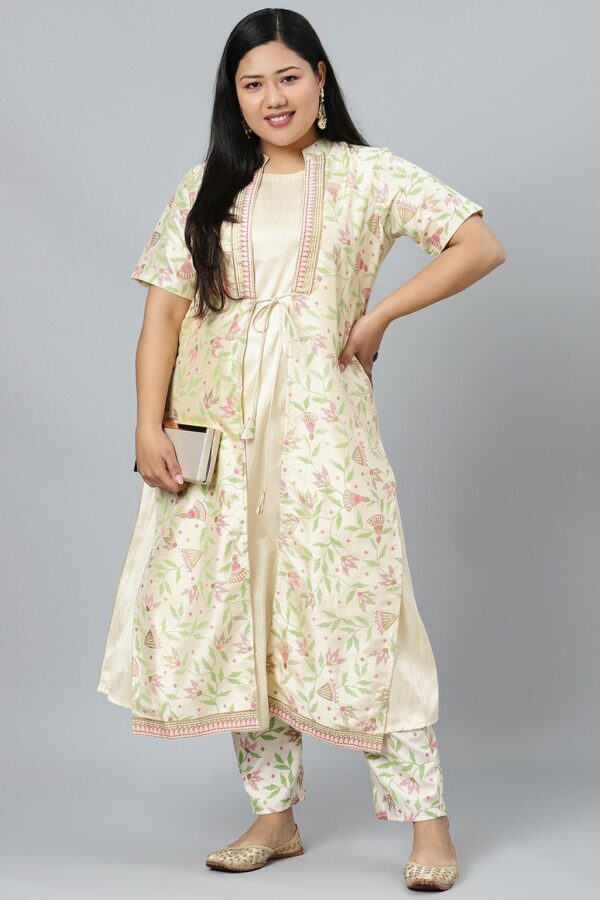 Cream Poly Silk Foil Printed A-Line Kurta With Pant Set - Image 5