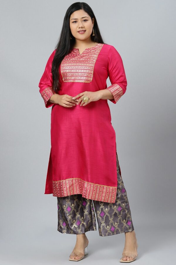 Pink Poly Silk Foil Printed Straight Kurta With Palazzo Set